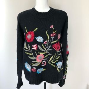 Black Turtleneck Sweater Flower Embroidered